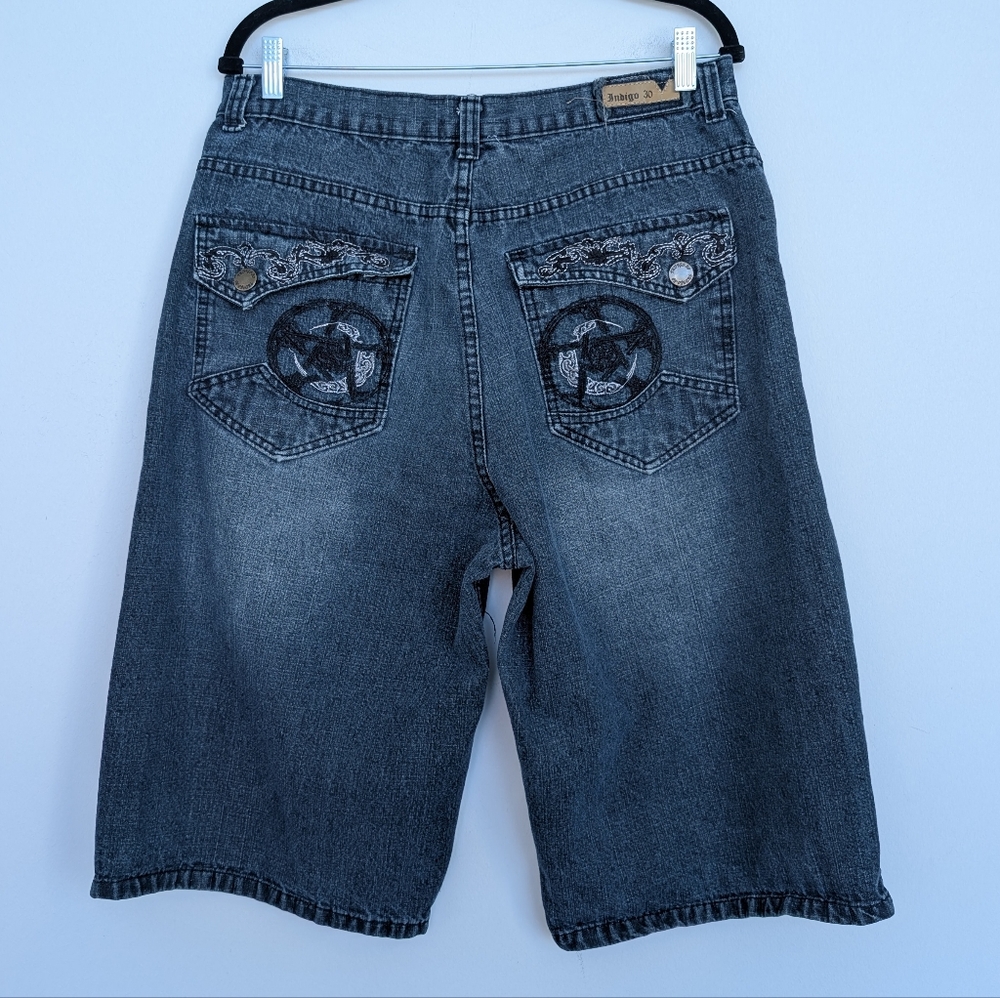 Vintage Y2K Indigo 30 Denim Bermuda Shorts Embroidered Pockets Sz 36 Gorpcore